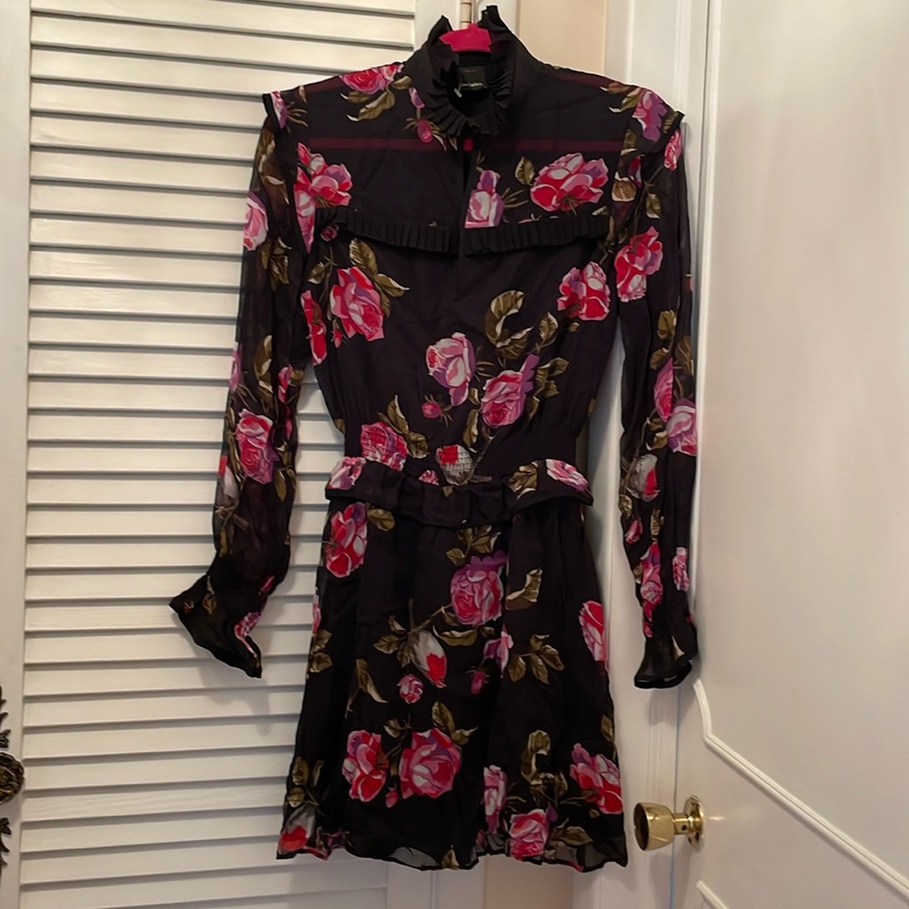 New Pinko romantic short-dress size 2 ruffles neck ,waist,sheer sleeves